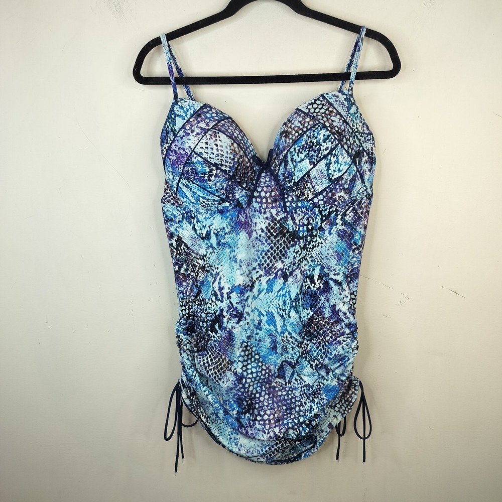 Spanx Swimsuit 14 B/C Underwire Swim Dress Snakeskin Ruched Sides Slimming Blue